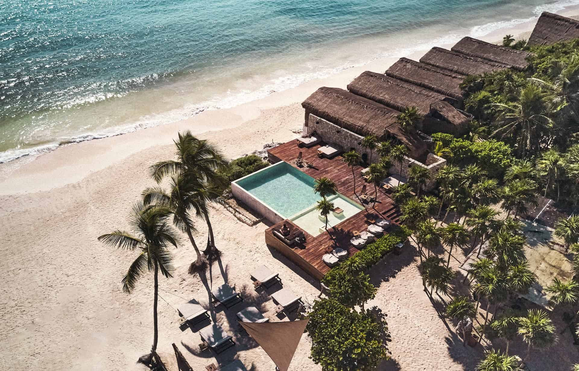 Beachfront hotel in the riviera maya surrounded by palm trees with a pool looking over the sea.